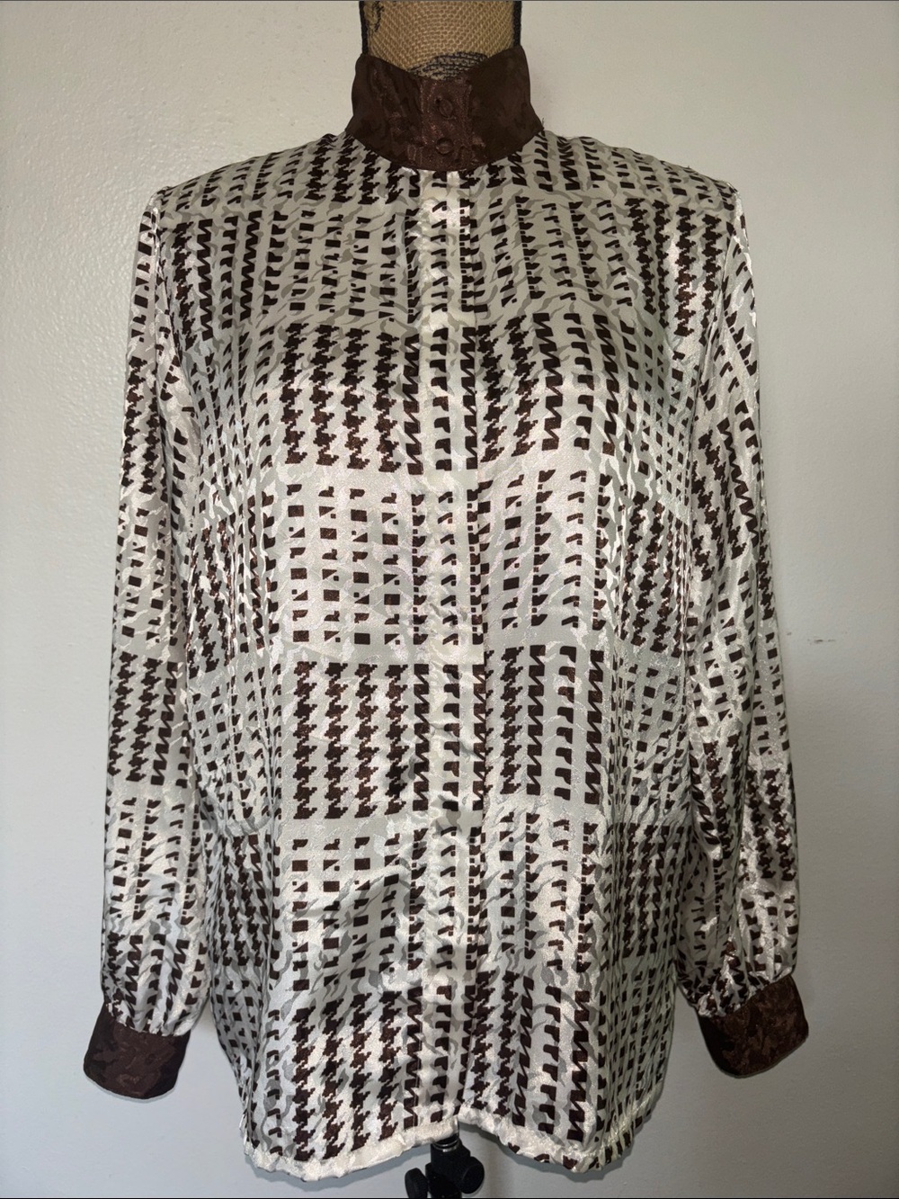 Silky Brown and Cream Patterned Long-Sleeve Women's Top- Yves St Clair